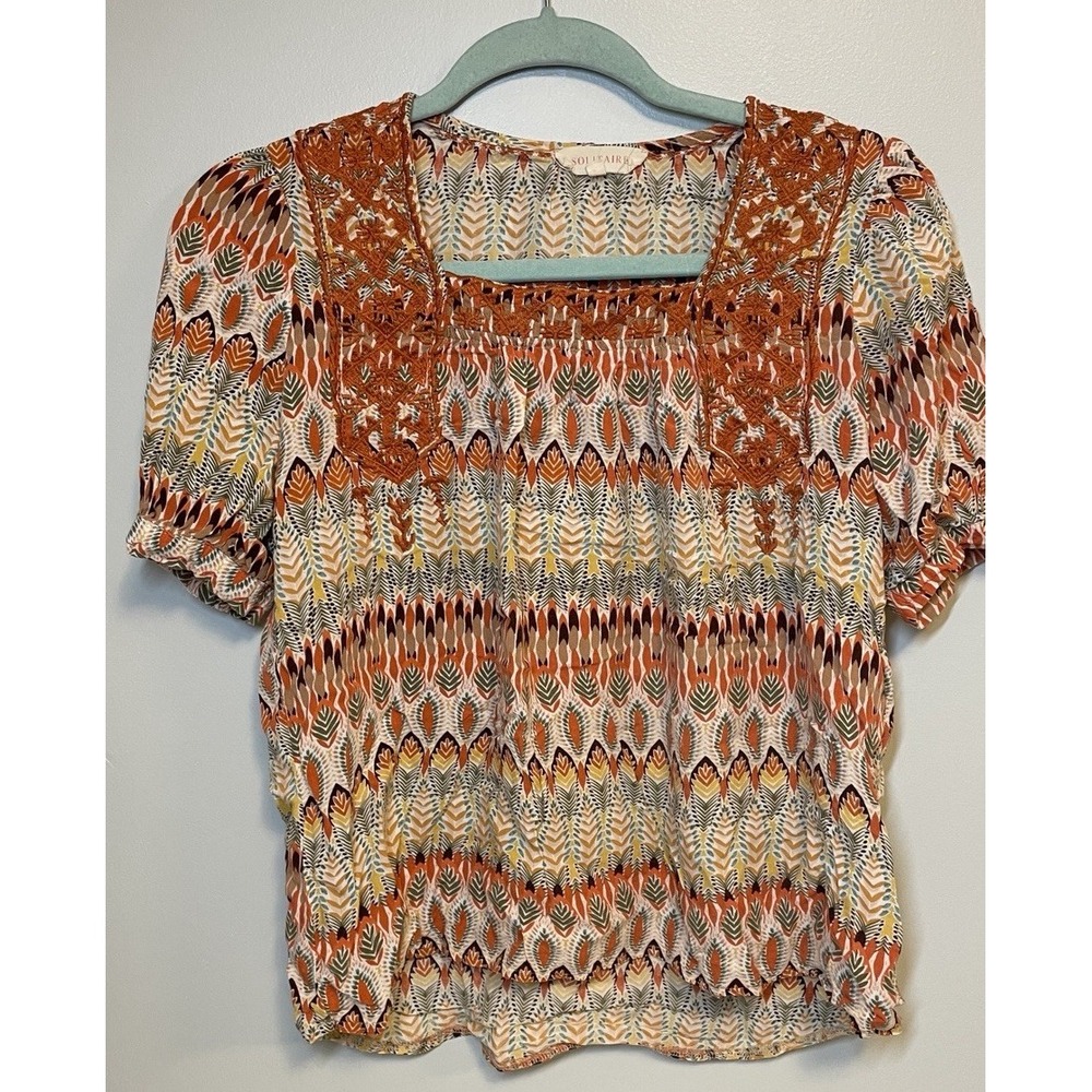 Solitaire Womens‎ Orange Square Neck Aztec Print Embroidered Blouse Top Size S